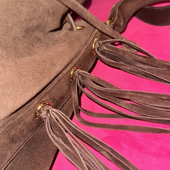 Chanel chocolate suede fringe bucket crossbody shoulder tote purse with pouch - Picture 9 of 16